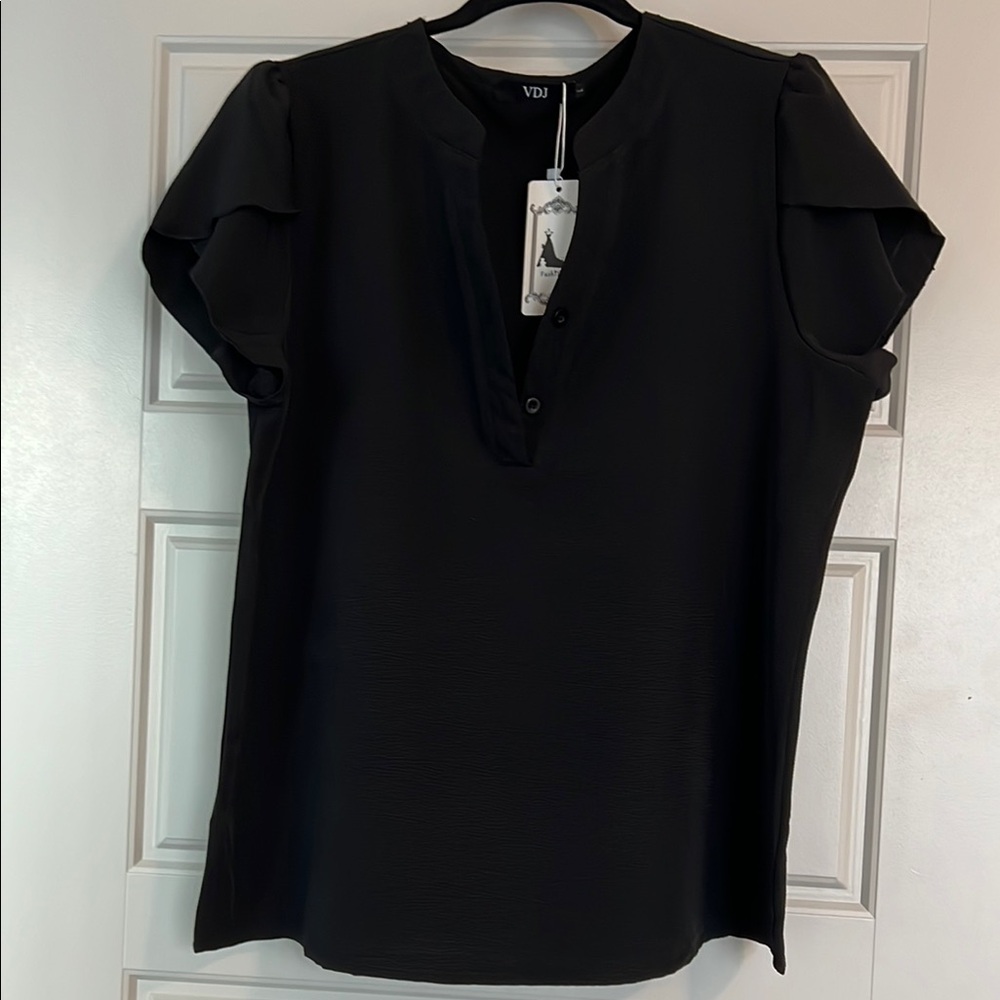 Black Boxy Blouse with Flutter Sleeves and Mandarin Collar